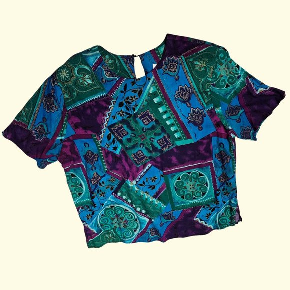 Expose Tops - Abstract 90's Teal Purple Large Vintage Multicolor Top Shouler Pads Boxy Cropped